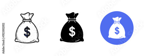 Three money bags icon set with dollar signs in various styles