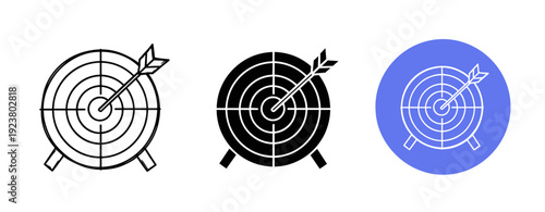 Set of three archery target icons with arrow hitting bullseye