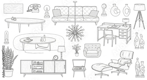 Detailed illustration of various furniture pieces, showcasing interior design elements.