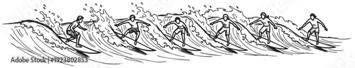 A hand drawn illustration depicts multiple surfers riding a large wave, rendered in black and white, evoking a sense of action, sport, and carefree summer vibes.
