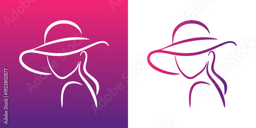 Logo boutique. Dibujo sencillo con líneas de la cabeza de una mujer con un sombrero de ala ancha color violeta 