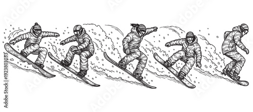 Black and white sketch illustration of snowboarders riding downhill through the snow, showcasing a retro style winter sport theme, perfect for vintage posters and designs.