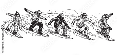 This black and white illustration features multiple snowboarders speeding downhill, creating a dynamic and sporty scene, perfect for winter sports advertisements or designs.
