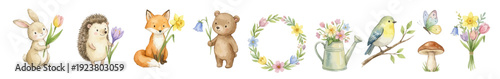 Spring woodland watercolor clipart. Bunny, fox, bear, hedgehog, bird, wreath. Collection of Vector illustrations. Perfect for invitation, card, poster, banner, decoration