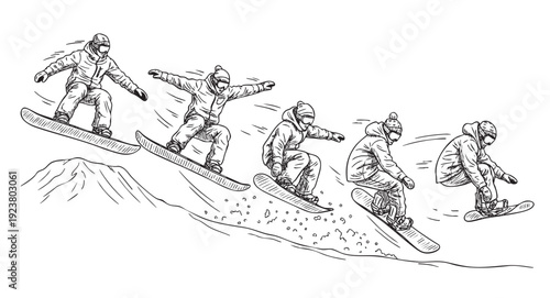 This monochrome sketch features snowboarders gracefully carving downhill, showcasing their skills and the thrill of winter sports. Perfect for illustrations related to winter or recreation.