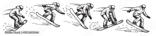 A hand-drawn illustration depicting a snowboarder in a dynamic action sequence of different poses, capturing the excitement and movement of winter sports. Black and white.