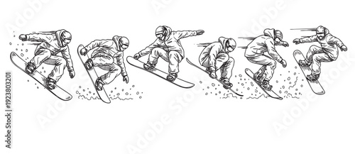 Hand-drawn illustration sequence showing a snowboarder executing jumps and riding; a perfect visual for action sports, winter activities, or design elements.