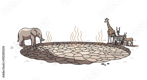 An illustration of a giraffe, deer, and elephant standing around a cracked earth circle with flames, conveying a scene of global warming and heat wave.