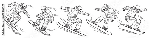 This line art illustration shows a snowboarder in progression of movement. Great for sports-themed designs, vector illustrations, apparel, and educational graphics.