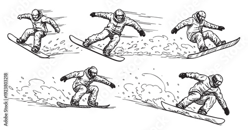 A hand-drawn illustration of snowboarders in action, depicting various poses as they carve and jump on the slopes, rendered in a stark black and white style for a vintage or artistic feel.