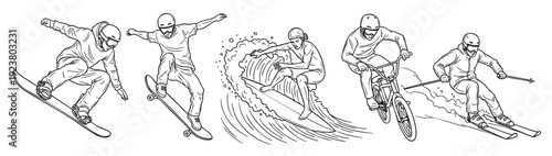Black and white illustration featuring extreme sports like snowboarding, skateboarding, surfing, BMX, and skiing, conveying activity, adventure, and the spirit of outdoors. Great for design templates.