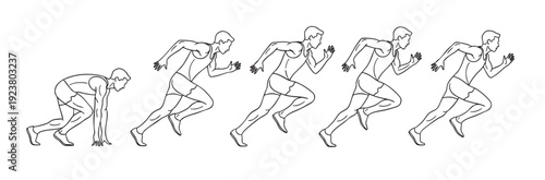 Black and white line drawing showing the sequence of a runner starting from the blocks and accelerating into a sprint. Vector illustration perfect for web design or print use.