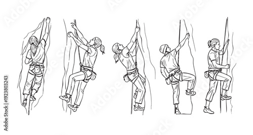 Line art illustration depicting diverse young adults rock climbing outdoors with harnesses, ropes, and climbing shoes, showcasing strength and determination.