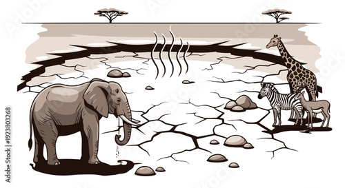 An illustration of a parched savannah scene with an elephant, giraffe, and donkey standing on dry, cracked earth with heat waves rising.