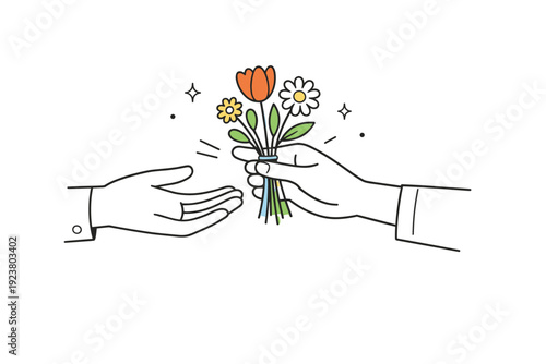 Minimalist flower gifting scenes. Close scene of hands exchanging a small bouquet without faces shown. Focus on gesture, simplicity, emotional restraint.