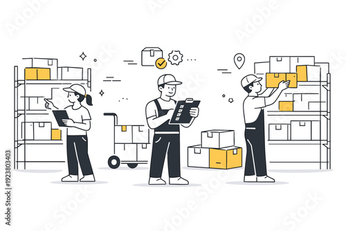 Warehouse operations. Workers calmly managing boxes on shelves with tablets and checklists, showing structured storage and control. Focused routine and smooth