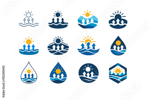 Understanding the water cycle. Icon set. Set Logo of Understanding the water cycle: evaporation. harmonious logo variations of the same emblematic concept,