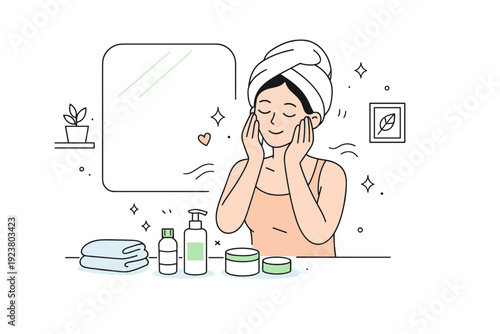 Mindful morning routines at home. Skincare or self-care ritual at the bathroom mirror, simple bottles and towel, gentle movements and self-attention, clean and