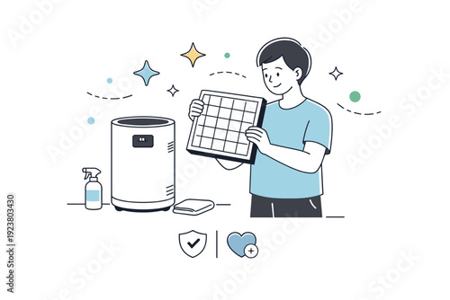 Weekly filter check. A person replaces or cleans an air purifier filter, abstract floating stars and dots emphasizing careful, regular maintenance
