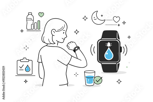 Smart hydration reminders. An abstract scene with a smartwatch showing a water icon alert, modern wellness tracking and gentle nudges.