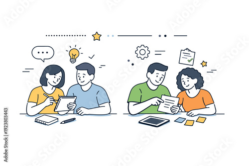 Training and workshops with people. Attendees work in pairs, reviewing notes and discussing tasks. Friendly teamwork and hands-on practice. Minimalist flat