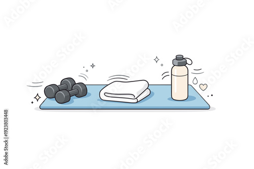 Athlete cool-down session. Stretching mat, dumbbells, towel, and water bottle arranged with motion lines indicating gentle activity. Peaceful