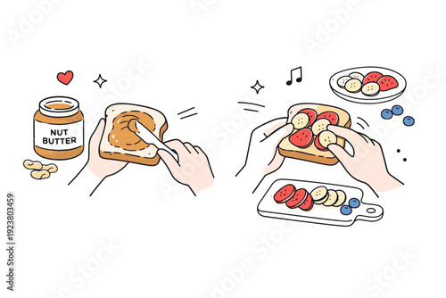 Quick nutritious snack prep. Minimal scene with hands spreading nut butter on toast and adding fruit slices, showing an easy healthy routine. Calm everyday