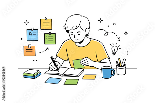 Focused solo creative session. A person writes and rearranges notes on paper, fully absorbed in organizing thoughts and concepts. The
