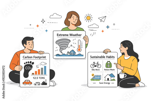 Infographics for climate impact awareness. A calm scene of people interacting with digital or printed infographic cards about