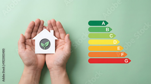 Wallpaper Mural Hands Holding Eco House Symbol with Energy Efficiency Rating Scale Torontodigital.ca