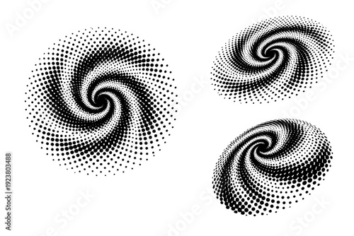 Halftone rotating dot pattern. A single rotating dot pattern shown in three views: flat view, diagonal view, and rotated three-quarter view, focusing on