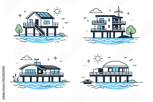 Climate-adaptive architecture objects. A set of buildings elevated on stilts and surrounded by water, symbolizing flood-resistant urban design.