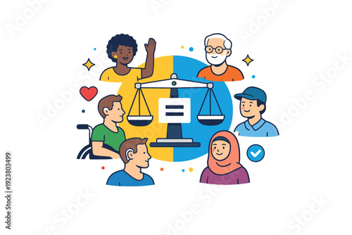 Diversity and inclusion highlighting equal opportunity with different characters arranged around a central shared space. A modern editorial concept