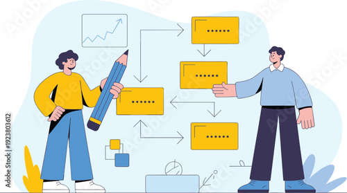 Business workflow planning with team collaboration, process management strategy and project development illustration concept