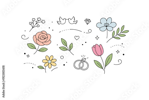 Wedding florals illustration. Gentle flowers and leaves placed with generous air, inspired by modern editorial wedding design. Calm celebration, tenderness,