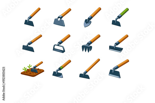 Hoe. Colorful flat vector icons set of Hoe: garden hoe tool, metal hoe blade, wooden handle hoe, hand hoe, draw hoe, scuffle hoe, soil breaking hoe, weed