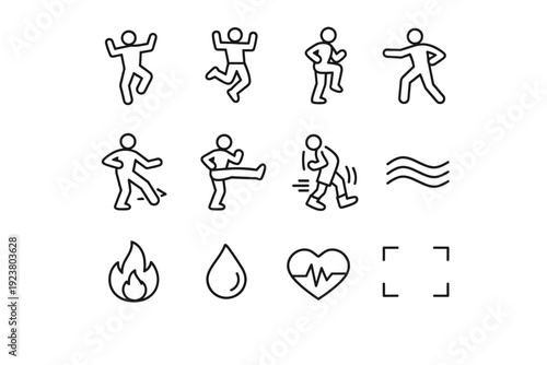 Dance cardio workout. Line icon set of Dance cardio workout: dancing person silhouette, jumping move, high knees step, arm swing motion, side step move, kick