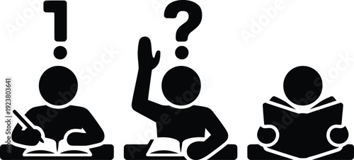 Three black silhouettes of students with question and exclamation marks question mark books