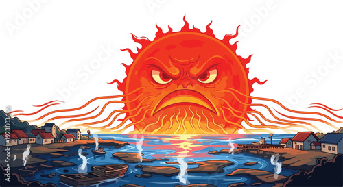 Illustration of a large angry sun with heat waves emanating over a flooded town representing global warming and heat wave.