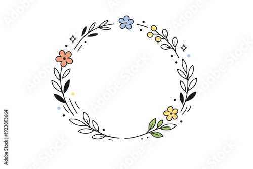 Decorative wreath elements. Minimal leaves, branches, and small abstract flowers arranged in a circular composition. Calm natural balance and gentle