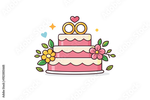 Spring wedding concept a decorated wedding cake with flowers and leaves, representing celebration, sweetness, and shared happiness. Minimalist flat vector