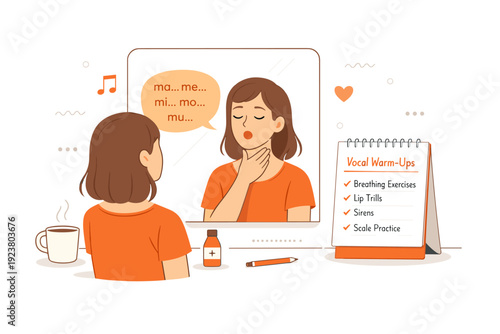 Vocal warm-up practice. A person using a mirror and notes to guide gentle vocal exercises, showing daily voice care and concentration. Calm focused moment with