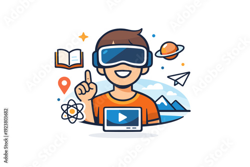 Engaging digital education with virtual reality friendly scene of a learner smiling inside a virtual world, expressing motivation,