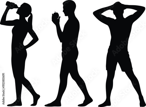 Three black silhouettes of people walking on white background