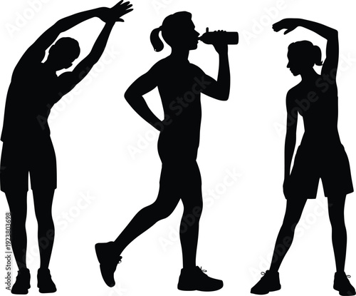 Silhouettes of three people stretching and drinking from a bottle exercise