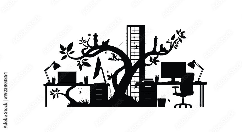 Obraz premium office workspace with tree and city view