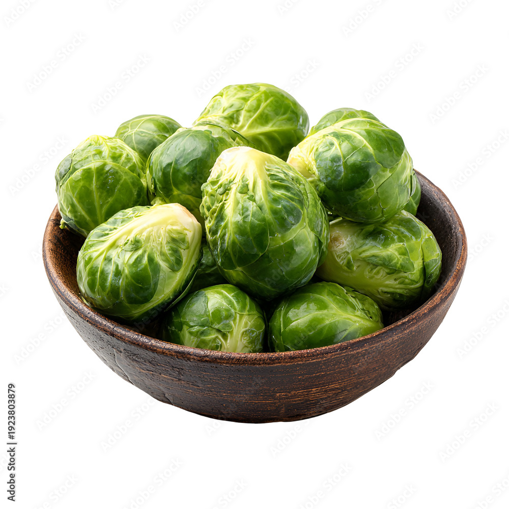 Fototapeta premium Fresh brussels sprouts in a rustic bowl on a white background