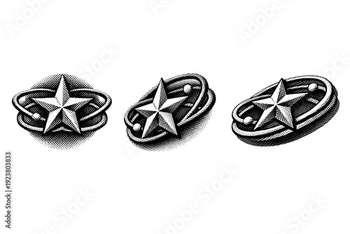 Space mission geometric badge with star and orbit lines shown centered, rotated, and beveled depth view as a single object set. Black and white dot style with