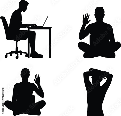 Four black silhouettes of men in different poses on white background sitting
