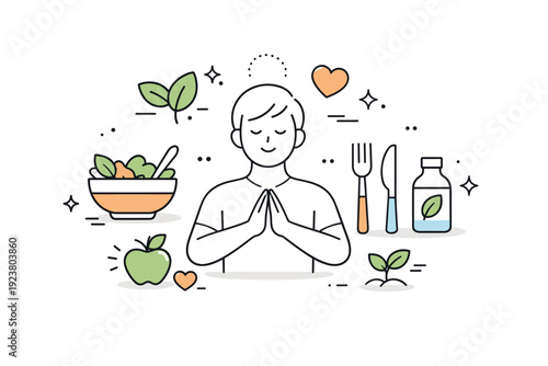 Plant based lifestyle concept. Simple icons of leaves, bowls, and utensils combined with a calm human figure. The scene suggests conscious